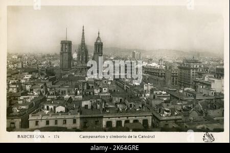 Barcelona, Spain - Bell towers and dome of the Cathedral of the Holy Cross and Saint Eulalia (Catedral de la Santa Creu i Santa Eulalia). Stock Photo