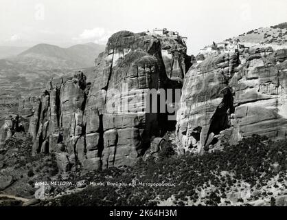 Dramatic clifftop Monasteries on Meteora, Greece. (left) The Great Meteoron Holy Monastery of the Transfiguration of the Saviour (right) Varlaam Monastery. Stock Photo