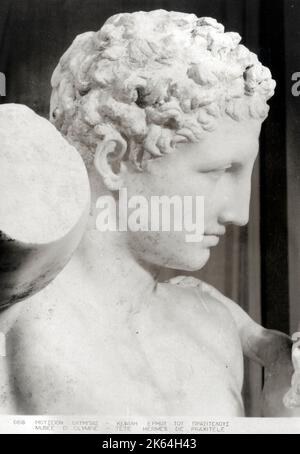 Close-up facial detail of Hermes and the Infant Dionysus, also known as the Hermes of Praxiteles or the Hermes of Olympia - an ancient Greek sculpture of Hermes and the infant Dionysus discovered in 1877 in the ruins of the Temple of Hera, Olympia, in Greece. Stock Photo