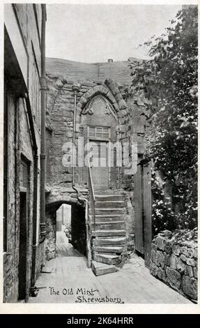 Doorway to the principal floor of Bennets Hall, which dates back to the mid 13th century and is sometimes known as 'The Old Mint', since it is believed to have been the site of Charles I's Shrewsbury Mint, during the Civil War. It has more recently been established that this was the town house of the Ludlow family, probably built by Nicholas, father of the builder of Stokesay Castle. The archway beside the steps led to Leopard Shut, later known as Purslow's Passage, after a tailor at No 3 Pride Hill. Once one of the most-photographed scenes in Shrewsbury, Shropshire. These remains have miracu Stock Photo