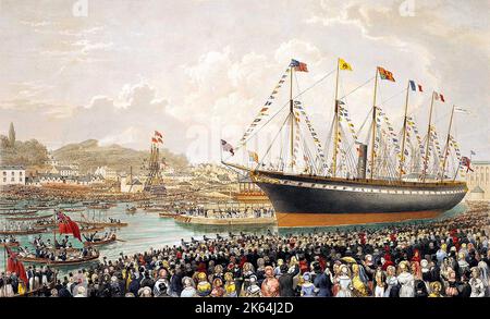 The SS Great Britain being launched into Bristol’s Floating Harbour on July 19, 1843 - designed by Isambard Kingdom Brunel, for the Great Western Steamship Company's transatlantic service between Bristol and New York City. Stock Photo
