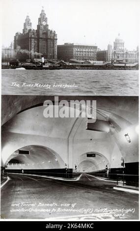 Liverpool, Merseyside - The Queensway (Birkenhead) Mersey Tunnel (top) The River Mersey and the 'Three Graces' (Royal Liver Building, The Cunard Building and The Port of Liverpool Building) (bottom) The 'Junction Chamber' of the tunnel, with the tunnel to Birkenhead (left) and New Brighton (right). Stock Photo