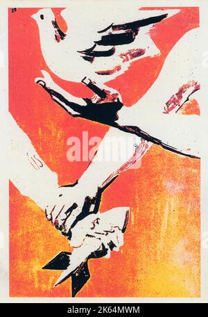 Vietnam War - Vietnamese Patriotic Poster - 'Peace not War'. The hand holding the bomb is restrained, whilst the dove is released. Stock Photo