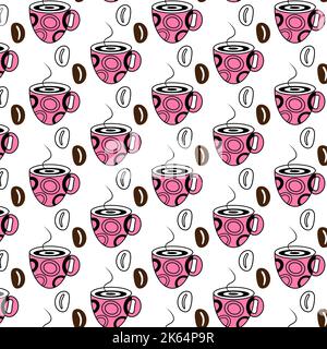 Endless Pattern with Coffee Beans and Abstract Stylized cup in trendy pink shade. Isolate. Line Art. Trendy print design. Lifestyle. Happy day of coffee. Suitable for poster wallpaper, congratulations Stock Vector