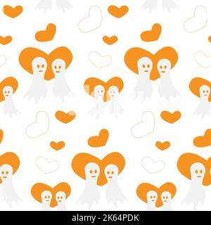Seamless Halloween pattern with two ghosts in love and orange heart shapes in trendy shades. Isolate. Happy Halloween Day. Good for wrapping paper, poster, postcard, greeting card, price tag, banner. Stock Vector