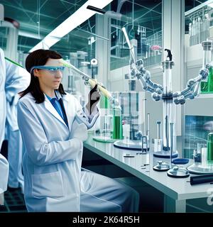 Scientists or Health care researcher holding test tube and analyzing data DNA in scientific chemical Stock Photo
