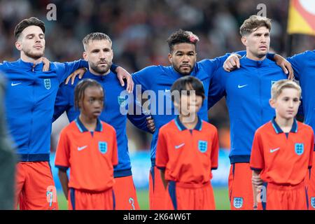 Reece James of England lines up for the national anthem, with Declan Rice of England; Luke Shaw of England and John Stones of England before the UEFA Nations League match between England and Germany at Wembley Stadium, London on Monday 26th September 2022. (Credit: Pat Scaasi | MI News) Credit: MI News & Sport /Alamy Live News Stock Photo