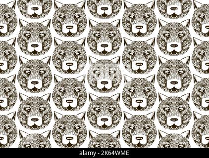 Seamless vector pattern of funny dog faces in the style of retro engraving Stock Vector