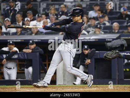 Bronx, USA. 22nd Apr, 2022. New York Yankees catcher Jose Trevino throws  out Cleveland Guardians Steven Kwan for the final out of the third inning  at Yankee Stadium on Friday, April 22