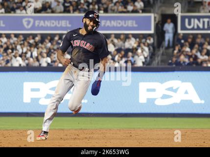 New York City, United States. 11th Oct, 2022. Cleveland Guardians Amed Rosario heads for third base on a double by Jose Ramirez in the third inning against the New York Yankees in an American League Division Series game at Yankee Stadium in New York City on Tuesday, October 11, 2022. Photo by John Angelillo/UPI. Credit: UPI/Alamy Live News Stock Photo