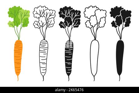Carrot with stem cartoon linear icon set, doodle style, engraving silhouette. Symbol fresh carrots vegetable, organic healthy food design. Agricultural vegetarian kitchen, farm market menu vector Stock Vector