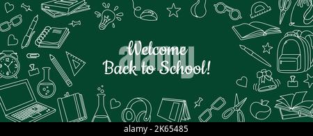Back to School Welcome banner school board. Advertisement poster template, learning school supplies. Background education objects for student. First day school invitation flyer, template, cover mockup Stock Vector