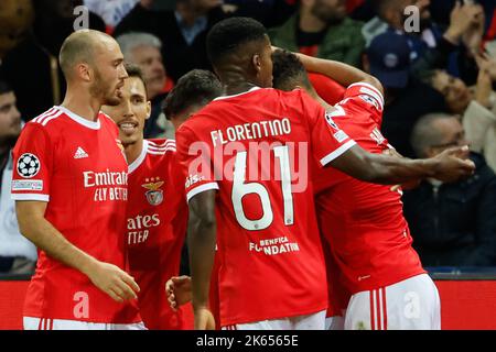Paris, France. 11th Oct, 2022. Benfica's players celebrate their goal during the UEFA Champions League Group H football match between Paris Saint-Germain and SL Benfica at the Parc des Princes in Paris, France, Oct. 11, 2022. Credit: Rit Heize/Xinhua/Alamy Live News Stock Photo