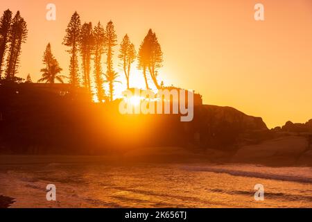 Joaquina Beach with rocks and ocean waves at sunrise in Brazil. Aerial ...