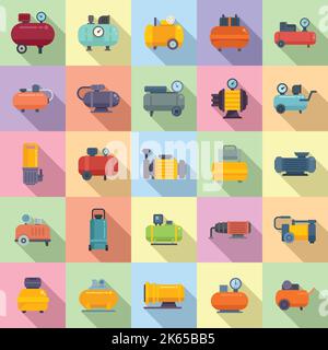 Compressor icons set flat vector. Air car. Auto tank Stock Vector