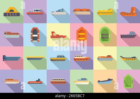 Rescue boat icons set flat vector. Sea aid. Accident rescue Stock Vector