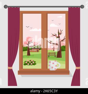 View from the window to the landscape. Window, flowering trees and bench, house and hills. Stock Vector