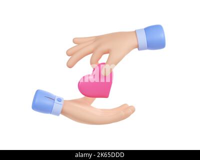 Hand give heart into open palm. Concept of charity, health care, love, hope, medical insurance, Valentine day romantic gift, 3d render illustration isolated on white background Stock Photo