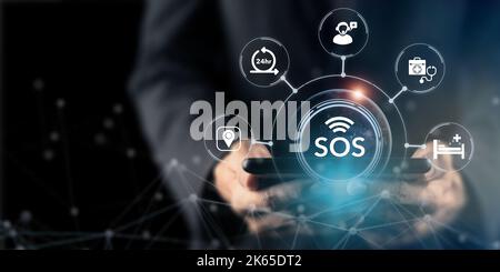 SOS, Health care emergency application. Technology and network concept. Urgency, SOS, warning, emergency kit, ambulance, hospital, rescue and safety. Stock Photo