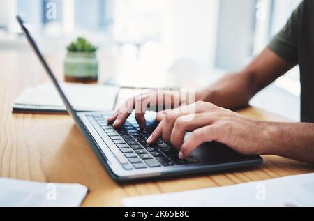 Search, typing and laptop with hands of man and working on communication, networking or internet research. Contact, email and 5g technology with Stock Photo