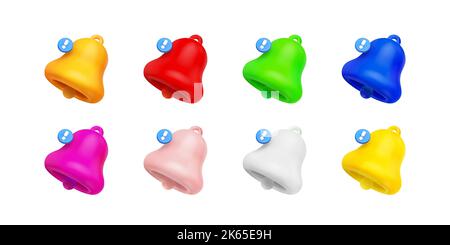 3d render notification bells, colorful unread message on phone or computer application. Alert notice, spam, chat box, online conversation isolated icons, Vector illustration in cartoon plastic style Stock Vector