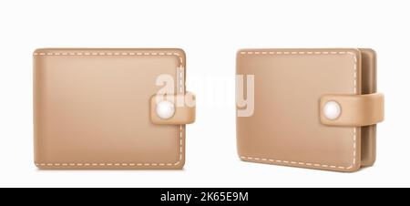 Leather wallet 3d render front and angle view. Realistic beige purse, pocket for money and cards keeping. Luxury accessory with stitches and clasp isolated on white background, Vector illustration Stock Vector