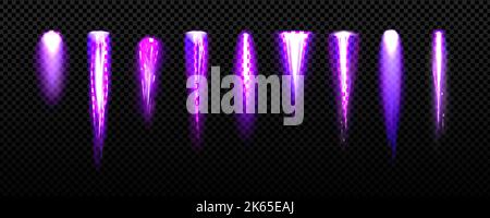 Jetpack light, purple fire flames of space rocket, shuttle launch. Comet or meteor trails isolated on transparent background. Spaceship or plane take off tracks, Realistic 3d vector illustration, set Stock Vector