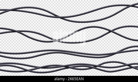 Realistic cables set, black flexible electrical wires with plastic braid isolated on white background. Power or network line, connection and telecommunication equipment, 3d vector illustration Stock Vector