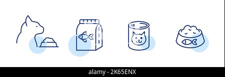 Cat feeding icons. Package, can and bowl of cat food. Pixel perfect, editable stroke Stock Vector