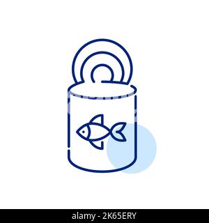 Open can of cat food with fish on it. Pixel perfect, editable stroke line icon Stock Vector