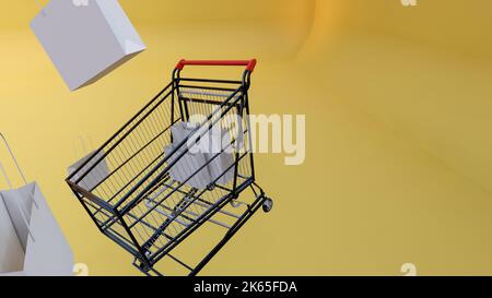3d rendering, shopping cart yellow background, copy space, shopping and shopping bags Stock Photo