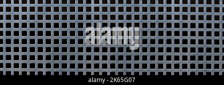 Perforated grid of gray metal with square holes against black background Stock Photo
