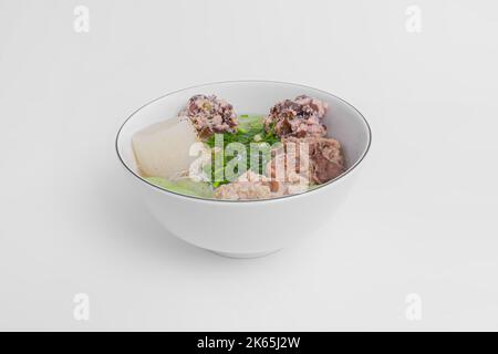 Bun Moc, Rice noodle soup with pork ball, Vietnamese food isolated on white background, perspective view Stock Photo