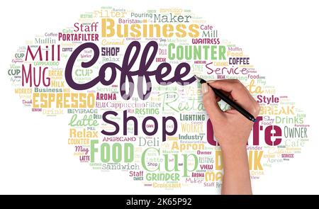 Big word cloud in the shape of UFO with words coffee shop with hand and pen. Small informal restaurant serving coffee and light refreshments Stock Photo