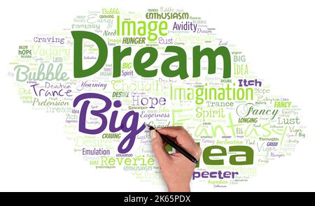 Big word cloud with words dream big with hand and pen. To think of something high value that you want to achieve. Using imagination. Stock Photo