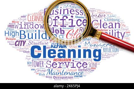 Big word cloud in the shape of UFO with words office cleaning with magnifying glass. Commercial buildings are used for commercial purposes Stock Photo