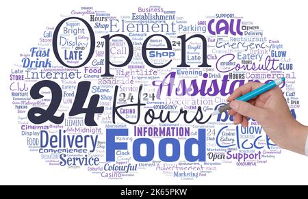 Big word cloud in the shape of UFO with words open 24 Hours with hand and pen. Available all day and all night without closing or stopping Stock Photo