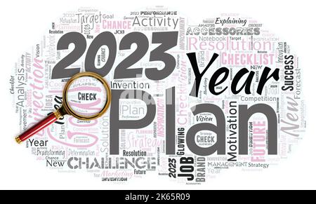 Big word cloud with word Plan. with magnifying glass. Improve searching for something in a certain location. Setting up your goals and plans for the Stock Photo