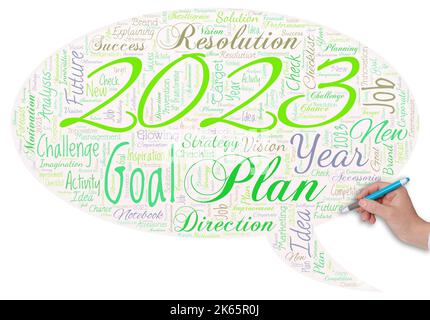 Big word cloud in the shape of UFO with word Plan with hand and pen. Improve searching for something in a certain location. Setting up your goals and Stock Photo