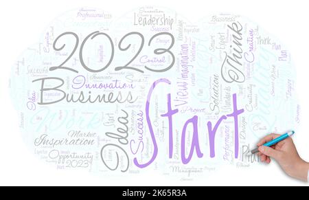 Big word cloud with words 2023 Start with hand and pen. Remembering past year events main actions or good shows. Setting up your goals and plans for Stock Photo