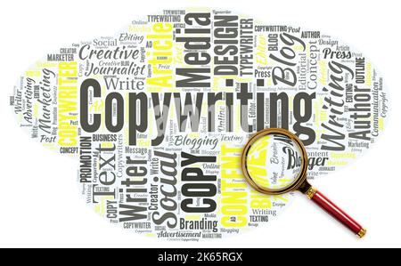 Big word cloud in the shape of UFO with magnifyng glass with word copywriting. Writing the text of advertisements or publicity material Stock Photo