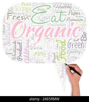 Big word cloud in the shape of dialog box with hand and pen with words eat organic. Reduction of eating sweets Diabetic control dieting Stock Photo