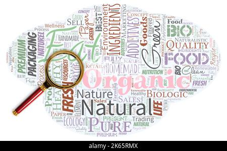 Big word cloud in the shape of UFO with magnifying glass with words eat organic. Reduction of eating sweets Diabetic control dieting Stock Photo