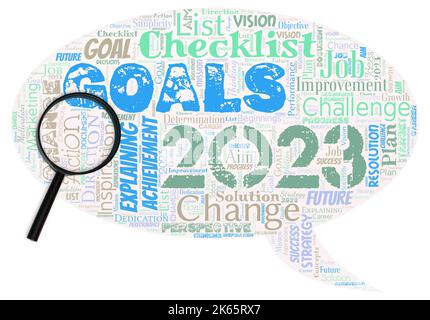 Big word cloud in the shape of speech bubble with magnifying glass with words goals 2023. Identifying something you want to accomplish. Expectations Stock Photo