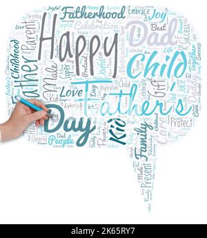 Big word cloud in the shape of dialog box with hand and pen with words happy Father's Day. Time of year to celebrate fathers all over the world Stock Photo
