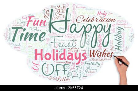 Big word cloud in the shape of UFO with hand and pen with words Happy Holidays. Greeting used to recognize the celebration of many holidays Stock Photo
