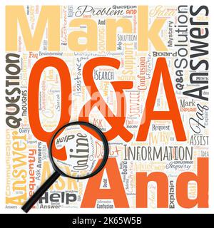 Big word cloud in the shape of square with magnifying glass with words Q and A. Questions and answers. Defined as questions being asked and answers Stock Photo