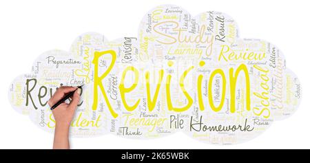 Big word cloud in the shape of cloud with hand and pen with word revision. Action of revising over someone like auditing or accounting Stock Photo