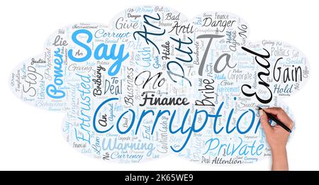 Big word cloud in the shape of cloud with hand and pen with words say no to corruption. Introducing decentralized money exchange Stock Photo