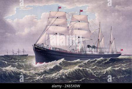 The steamships 'Spain' (left) and 'Egypt' of the National Steamship Line crossing off Sandy Hook near New York Port during their voyages from, and to, Liverpool, England. Drawn by Charles Richard Parsons (1844-1920), an artist based first in Manhattan, then Brooklyn. Stock Photo